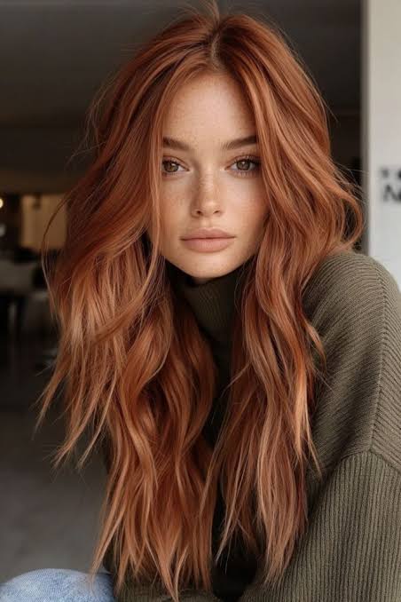 Strawberry Blonde Copper Waves with Curtain Bangs Strawberry Blonde Copper Waves with Curtain Bangs — Winter Hair Colors for Redheads