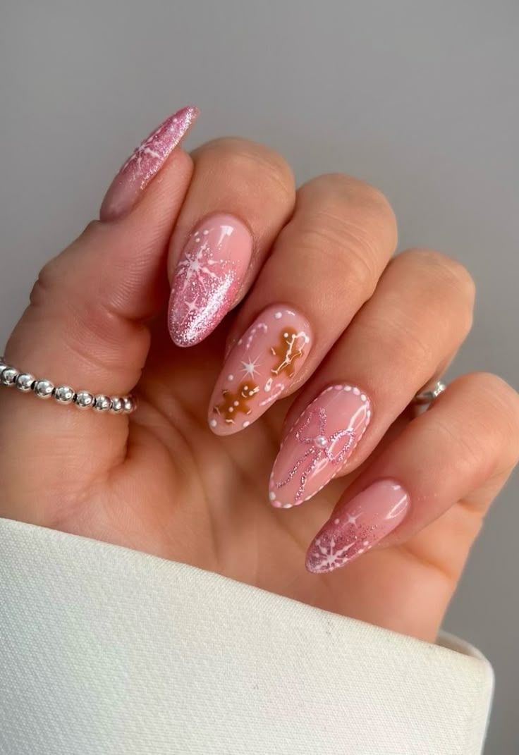 Gingerbread Man Snowflake Glitter Almonds Gingerbread Man Snowflake Glitter Almonds — Christmas Almond Nails 2026