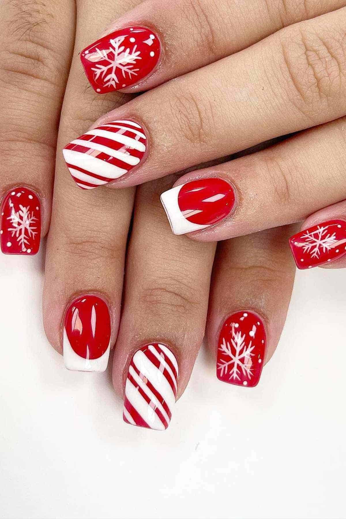 Short Square Glossy Red White Snowflakes Dots Candy Cane Nails Short Square Glossy Red White Snowflakes Dots Candy Cane Nails — Christmas Square Nails 2026
