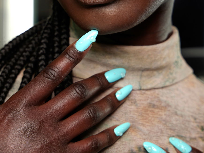 Glossy Cyan Blue with 3D Water Drops Glossy Cyan Blue with 3D Water Drops — Winter Nails for Black Women