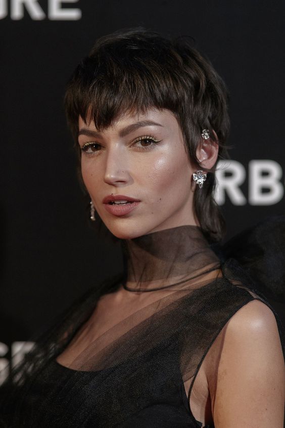 Dark Brown Mullet With Side-Swept Micro Bangs Dark Brown Mullet With Side-Swept Micro Bangs — Winter Haircuts with Bangs