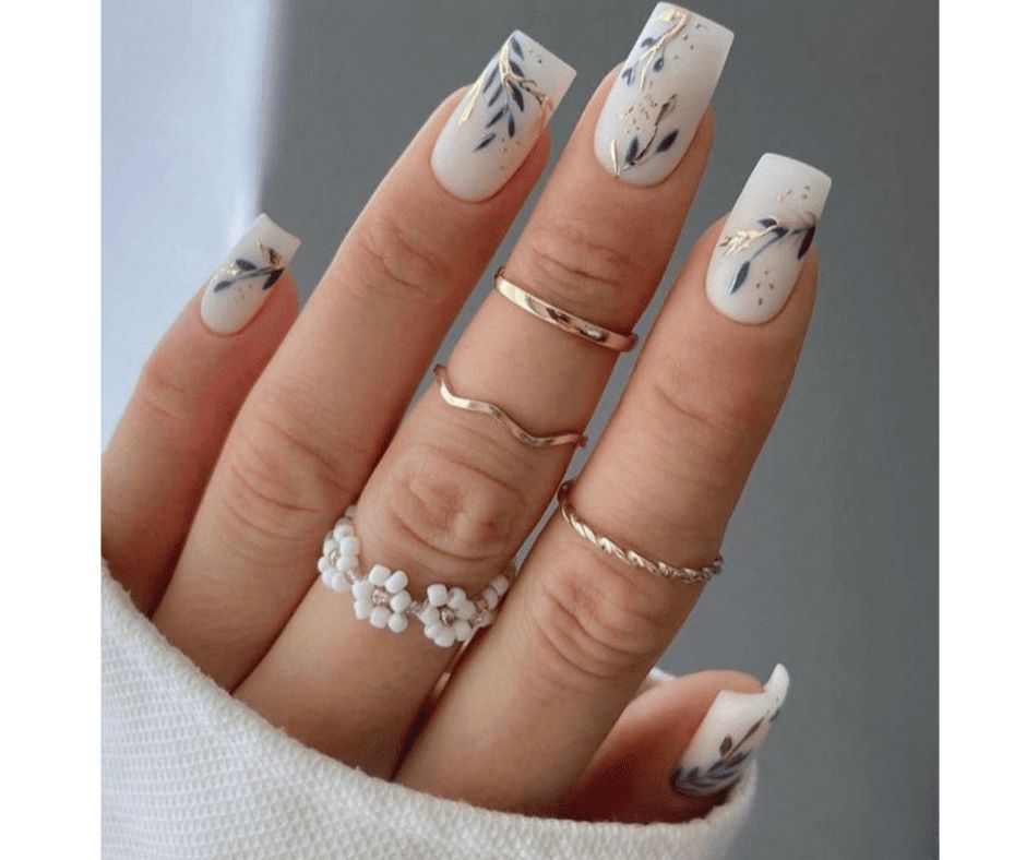 White And Gold Leaf Motifs On White Base Visual Idea White And Gold Leaf Motifs On White Base Visual Idea — Winter Lavender Nails