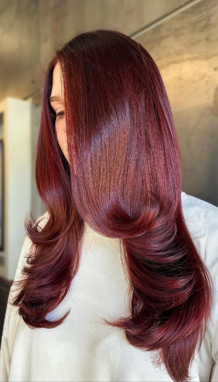Mid-Back Sculpted Layers Cranberry Rouge Mid-Back Sculpted Layers Cranberry Rouge — Winter Auburn Hair Color