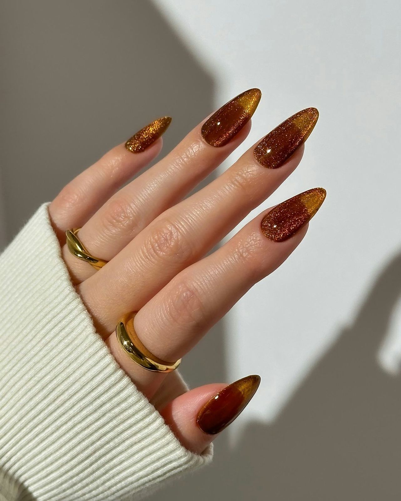 Brown Gold Cat-Eye Glitter Stiletto Nails Brown Gold Cat-Eye Glitter Stiletto Nails — Winter Date Night Nails