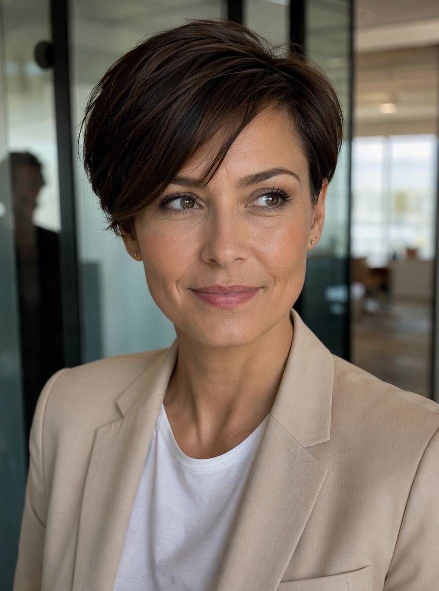 Layered Dark Brown Pixie With Side Bangs Layered Dark Brown Pixie With Side Bangs — Short Winter Haircuts