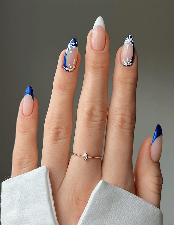 Dark Blue Snowflake French Almonds Dark Blue Snowflake French Almonds — Short Christmas Almond Nails 2026