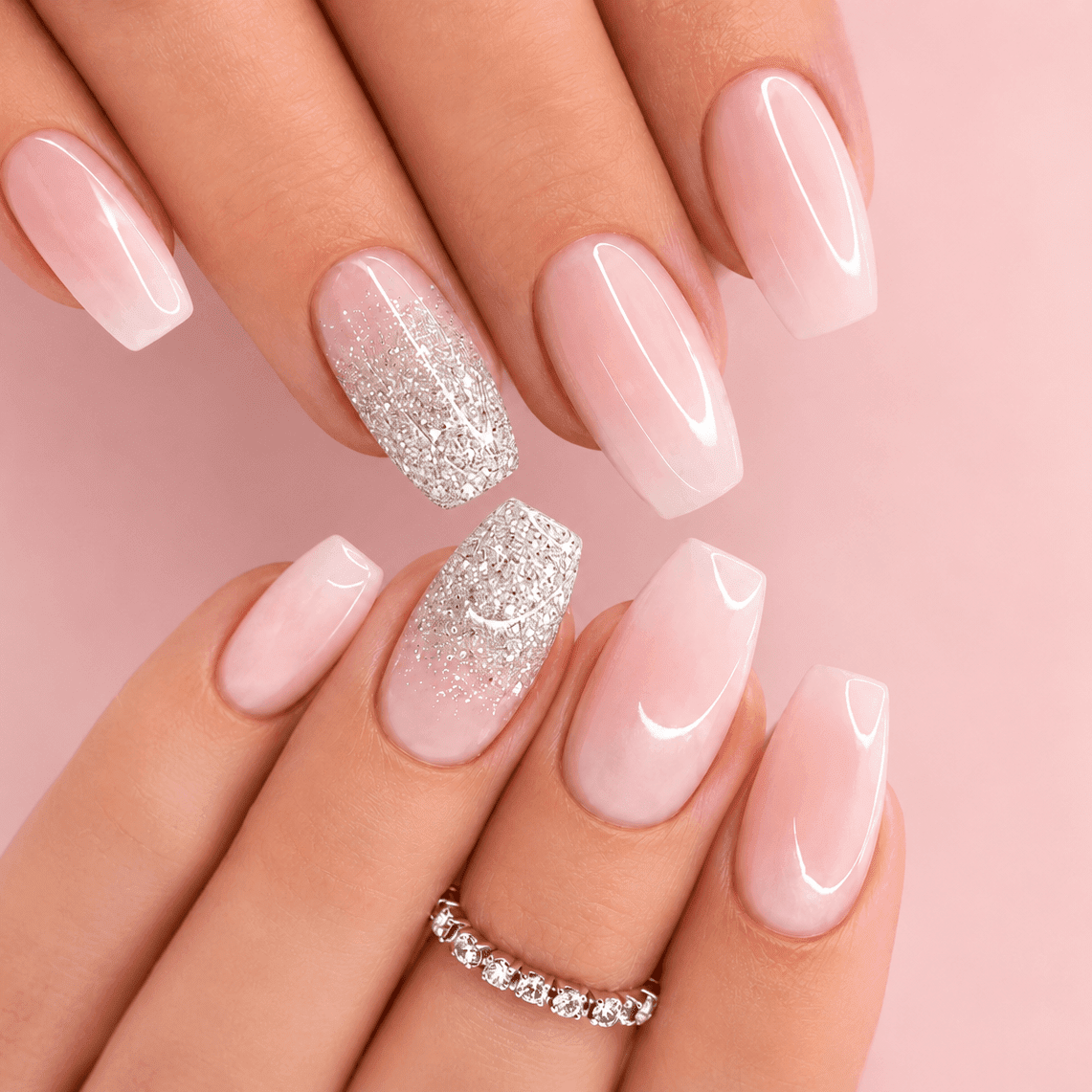 Pink Nude Ombre Glitter Accent Nails Pink Nude Ombre Glitter Accent Nails — Winter Wedding Nails