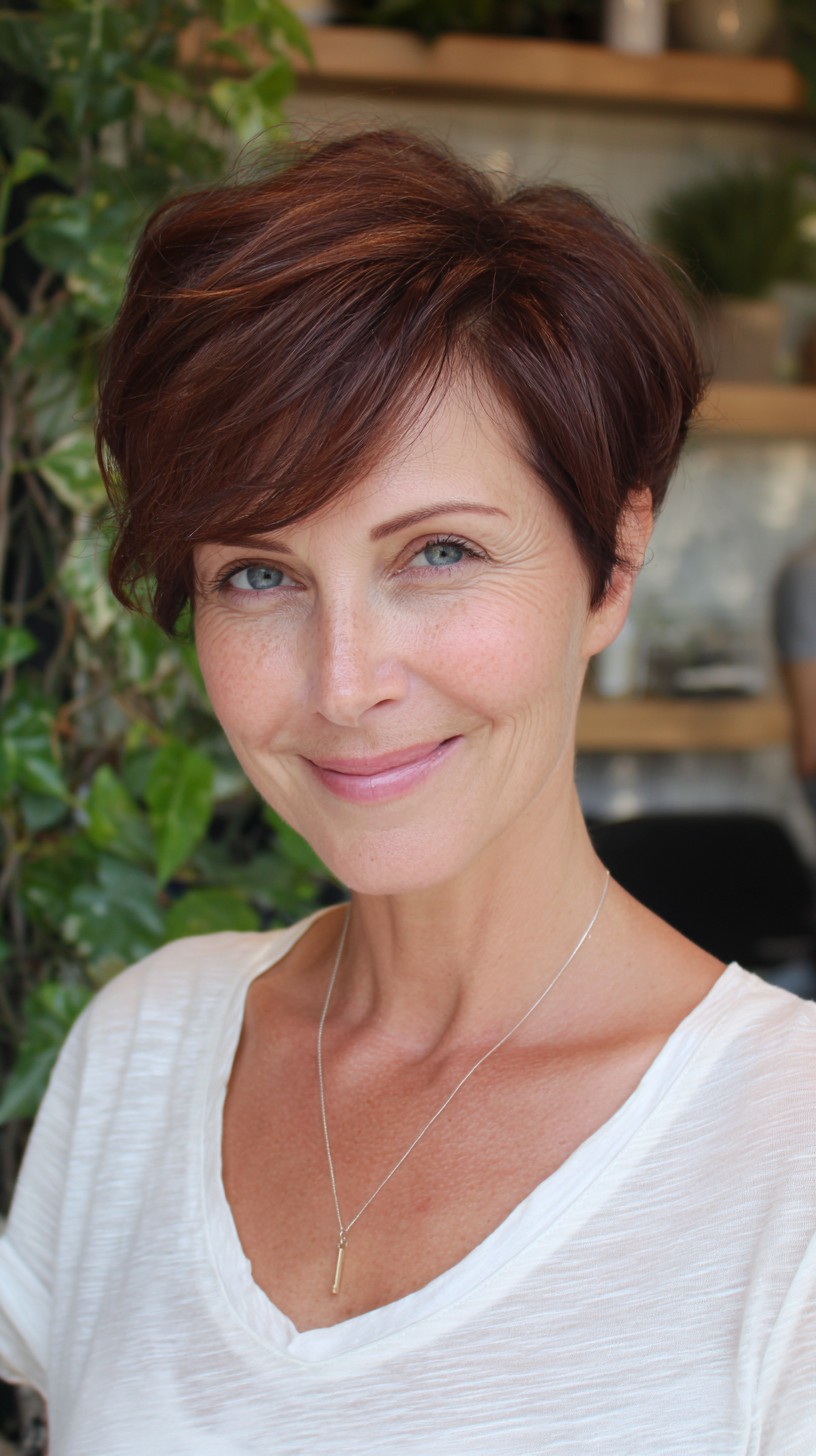 Dark Brown With Subtle Highlights Layered Dark Brown Pixie Dark Brown With Subtle Highlights Layered Dark Brown Pixie — Winter Pixie Haircuts