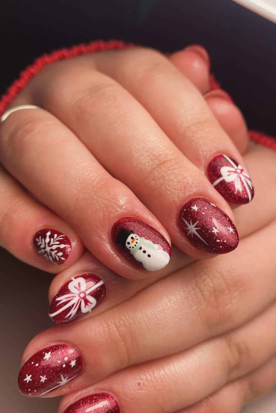 Glitter Red Snowman and Bow Nails Glitter Red Snowman and Bow Nails — Christmas Nail Designs 2026
