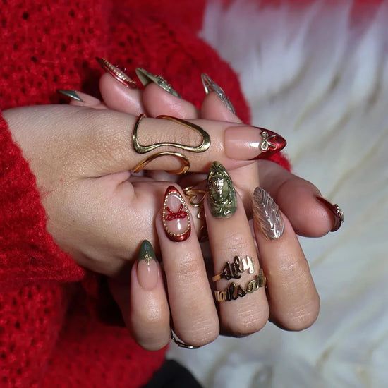 Festive Accent Medium Almond Nails Festive Accent Medium Almond Nails — Short Christmas Almond Nails 2026