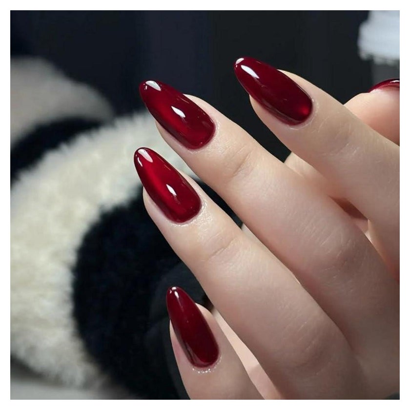 Glossy Dark Red Cat Eye Long Oval Nails Glossy Dark Red Cat Eye Long Oval Nails — Black Cherry Nails