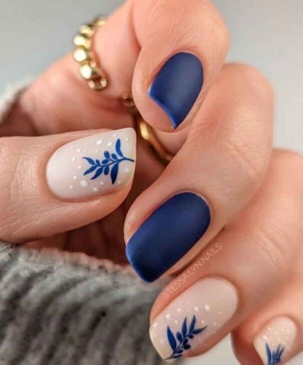 Matte Navy Blue Blue Leaf Squoval Nails Matte Navy Blue Blue Leaf Squoval Nails — Minimalist Christmas Nails 2026