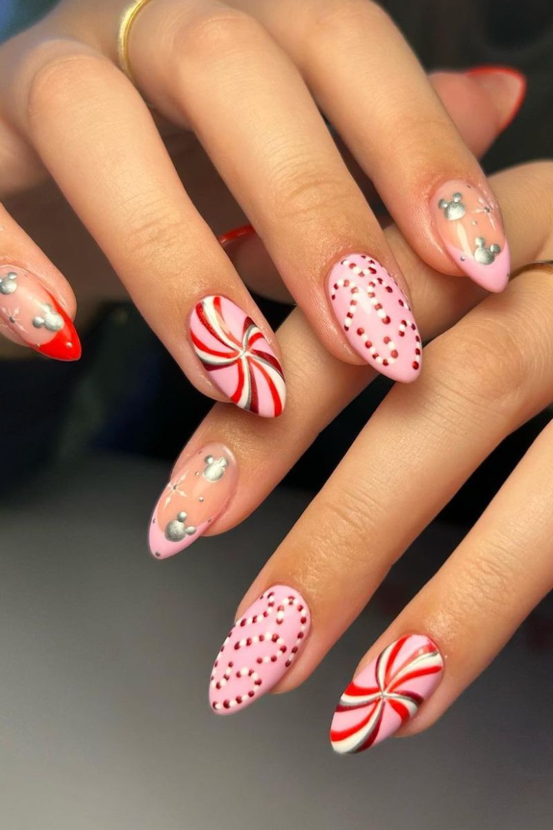 Pink Base with Mickey and Peppermint Swirl Pink Base with Mickey and Peppermint Swirl — Disney Christmas Nails 2026