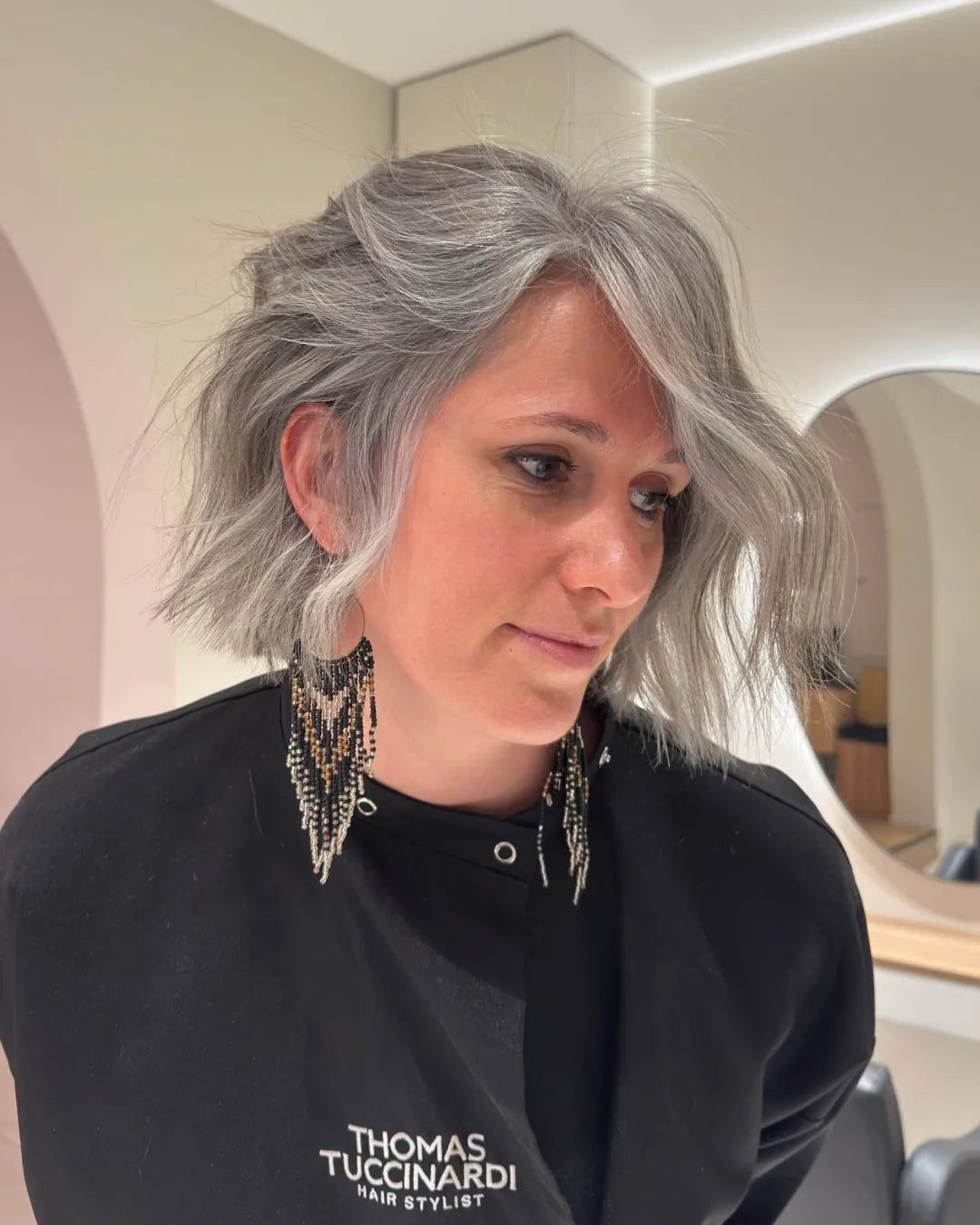 Textured Messy Bob With Natural Gray Blending Textured Messy Bob With Natural Gray Blending — Gray Blending Highlights