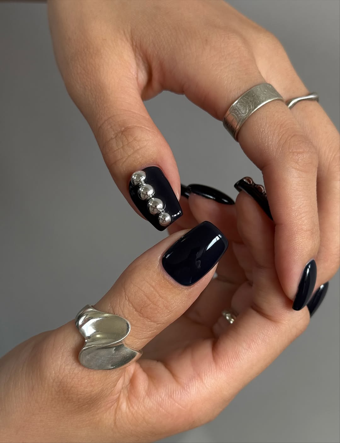 Deep Black Glossy Coffin Nails with Spheres Deep Black Glossy Coffin Nails with Spheres — NYE Nails 2027