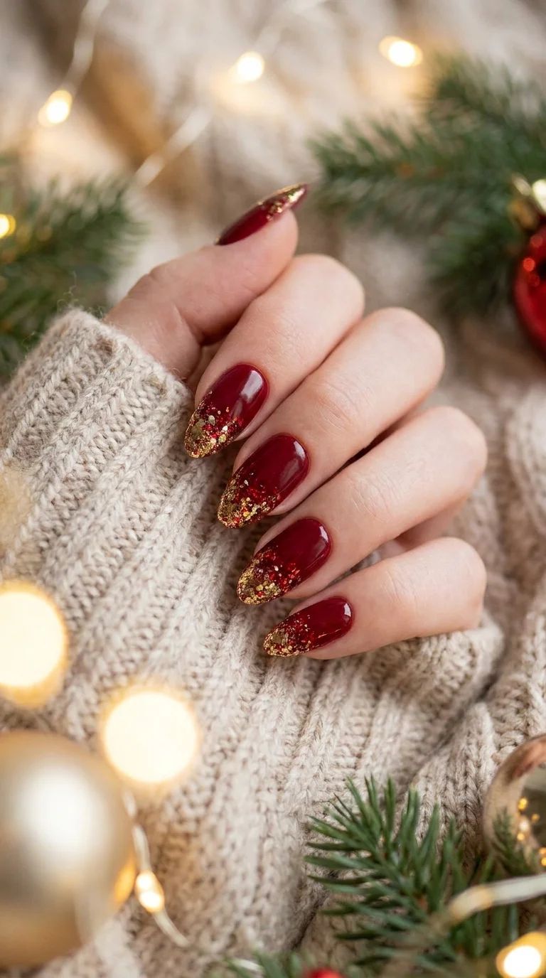 Deep Red Glitter French Tip Almonds Deep Red Glitter French Tip Almonds — Christmas Almond Nails 2026