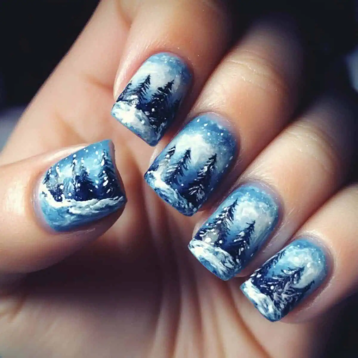 Winter Forest Scene Matte Square Nails Winter Forest Scene Matte Square Nails — Winter Matte Nails