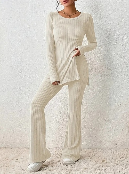 Off-White Ribbed Knit Top and Flared Pants Off-White Ribbed Knit Top and Flared Pants — Loungewear Outfits