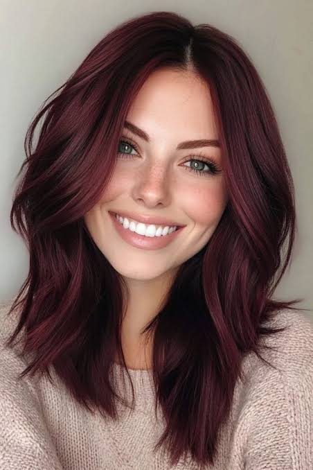Deep Burgundy Red Wavy Lob Deep Burgundy Red Wavy Lob — Winter Hair Colors for Redheads