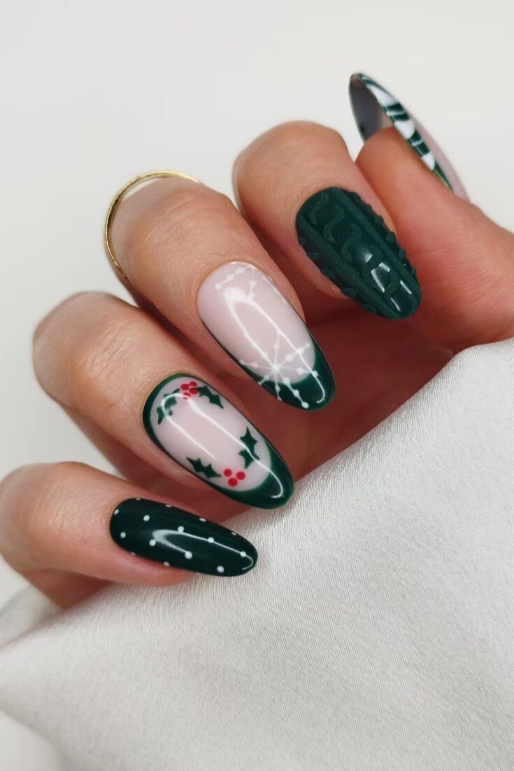 Green French Tips with Snowflakes and Dots Green French Tips with Snowflakes and Dots — Red and Green Christmas Nails 2026