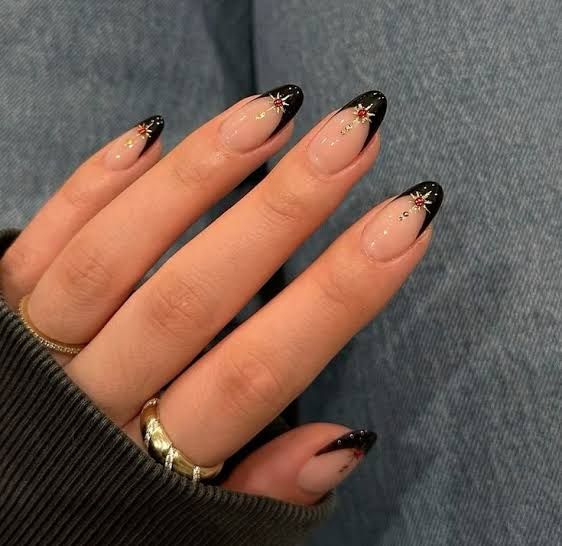 Black French Nude Almond with Embellishments — Winter Nails for Teens