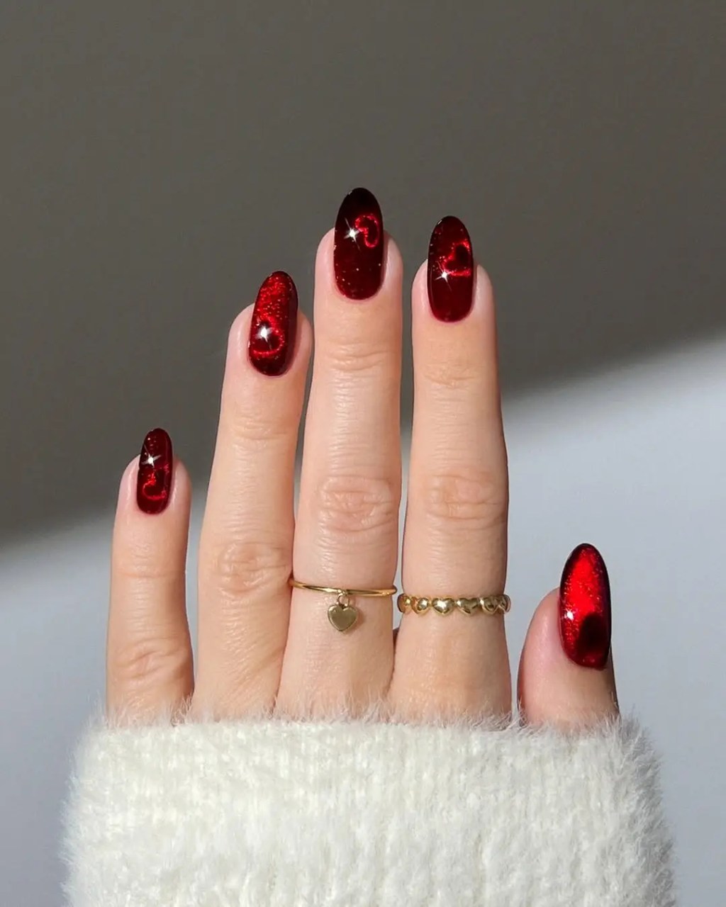 Deep Red Swirling Glitter Oval Nails Deep Red Swirling Glitter Oval Nails — Cherry Red Christmas Nails 2026