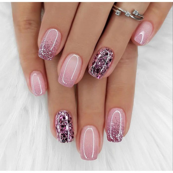 Pink Gradient with Glitter Accents Pink Gradient with Glitter Accents — Short Winter Acrylic Nails