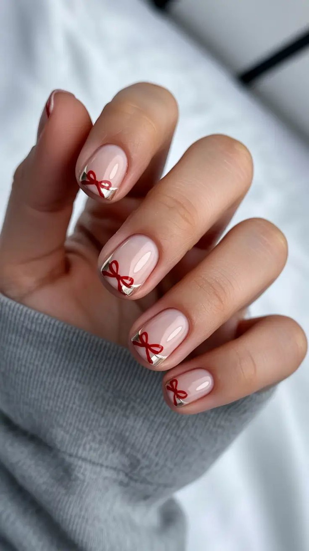 Nude French with Red Bow Tips Nude French with Red Bow Tips — Winter Bow Nails