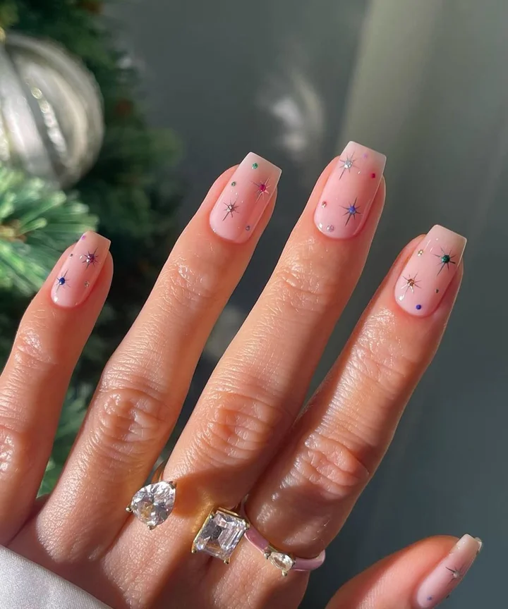 Sheer Pink with Scattered Star and Dot Decals Sheer Pink with Scattered Star and Dot Decals — Easy New Years Nails 2027