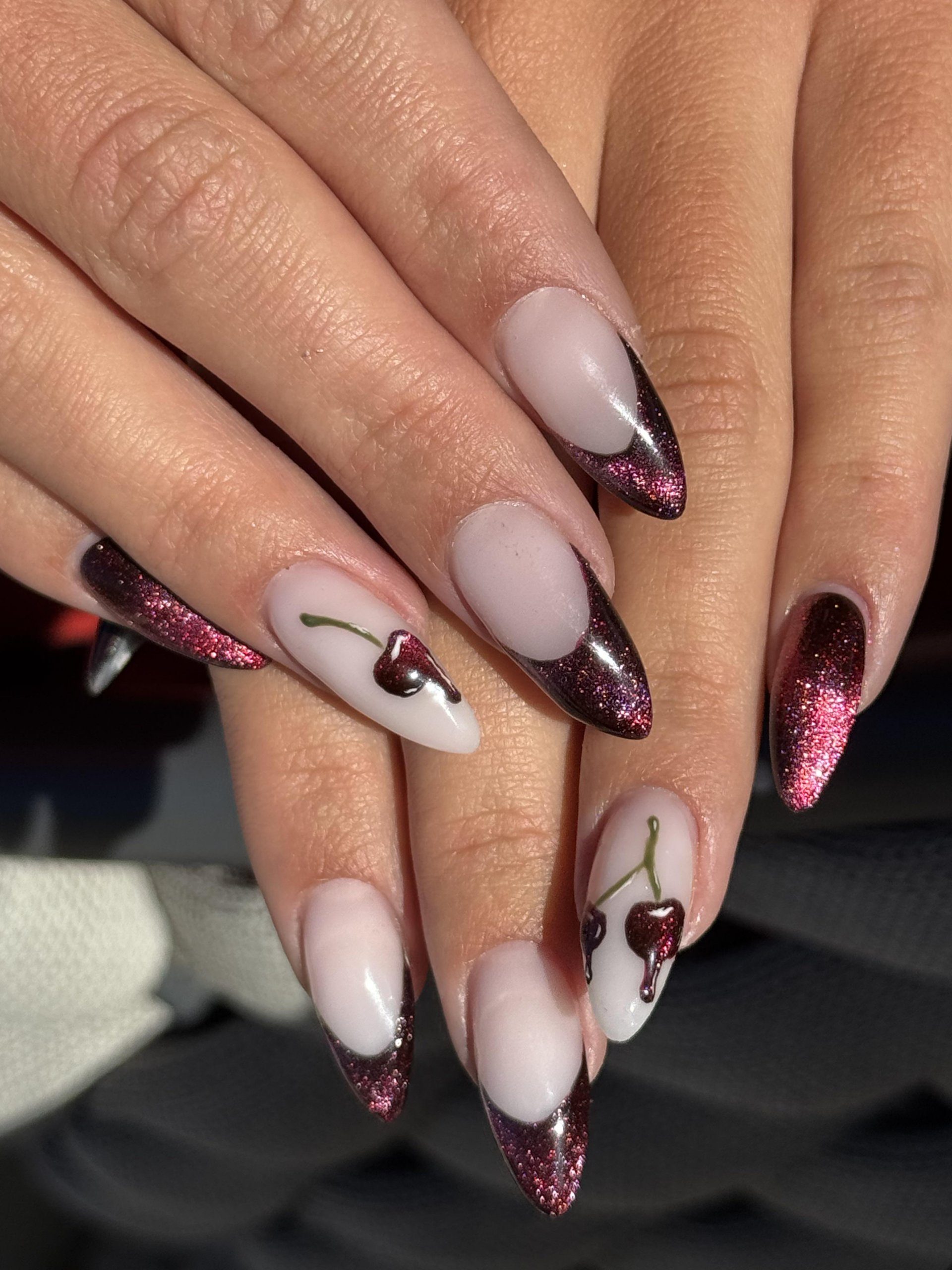 Sheer Pink Black Glitter French Cherry Motif Long Stiletto Nails Sheer Pink Black Glitter French Cherry Motif Long Stiletto Nails — Black Cherry Nails
