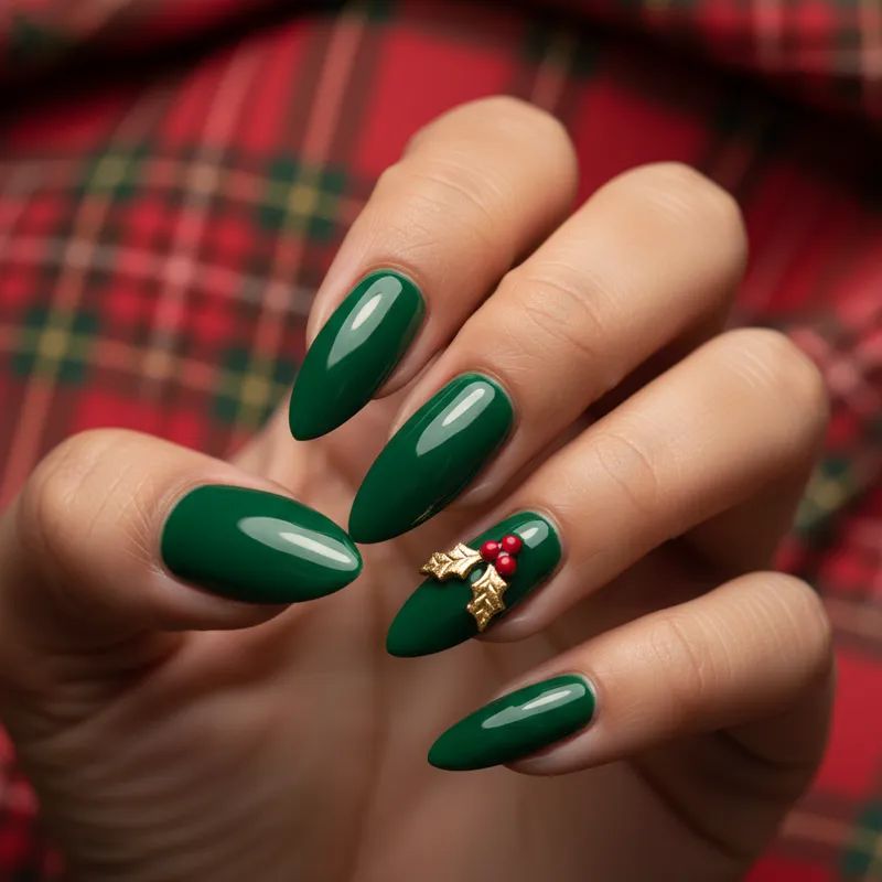 Deep Green with Gold Holly Charm Deep Green with Gold Holly Charm — Christmas Oval Nails 2026
