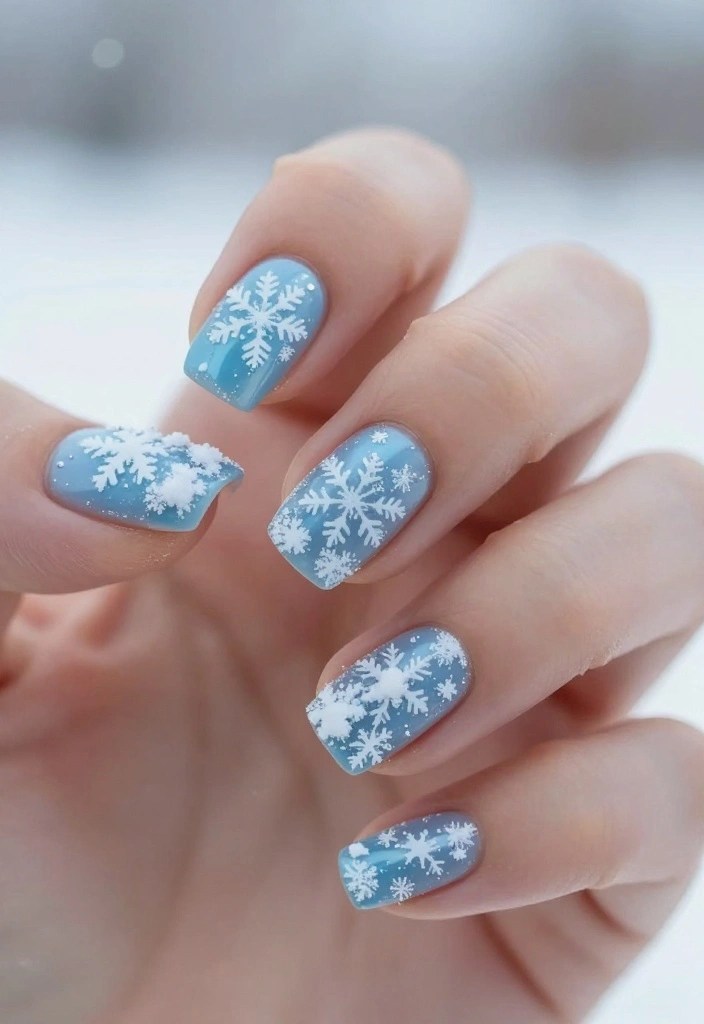 Light Blue Matte Snowflake Short Square Nails Light Blue Matte Snowflake Short Square Nails — Winter Nail Trends