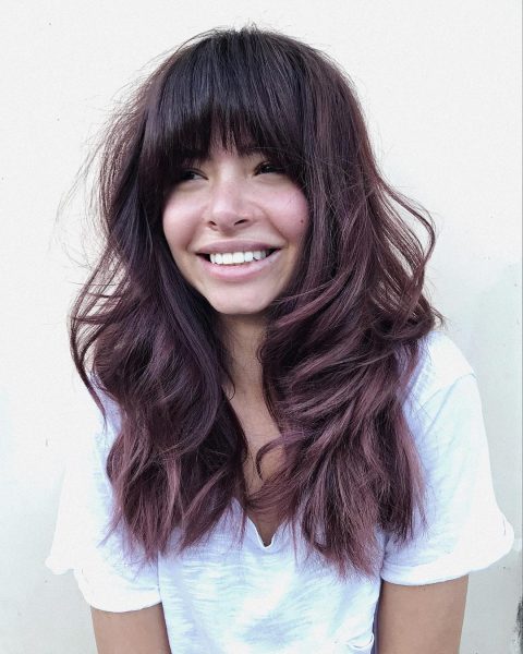 Shoulder Dark Auburn With Full Bangs Shoulder Dark Auburn With Full Bangs — Winter Layered Haircuts