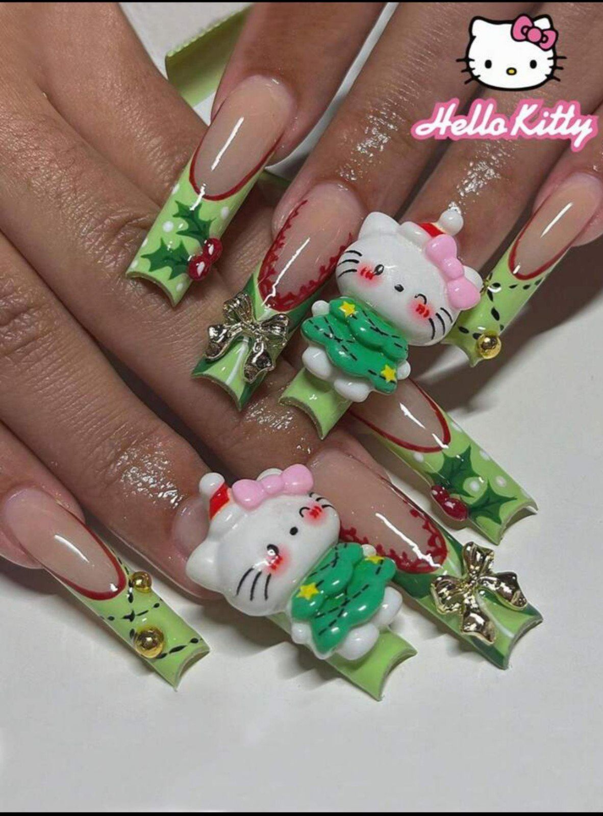 Glossy With Metallic Swirls And Glitter Visual Idea — Hello Kitty Christmas Nails 2026
