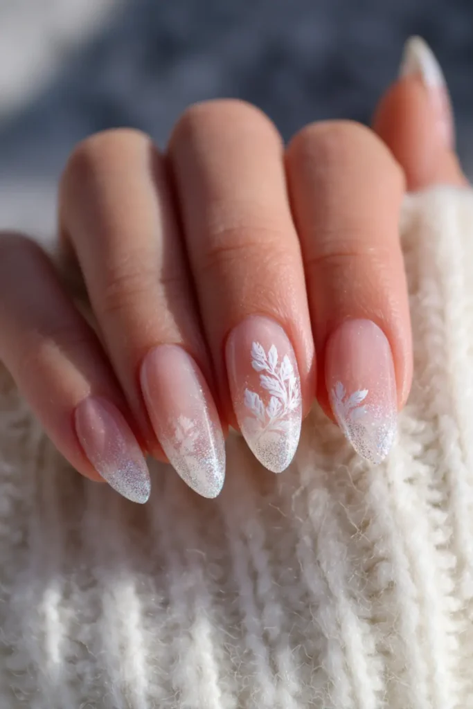 Sheer Nude White Leaf Glitter Nails Sheer Nude White Leaf Glitter Nails — Christmas Acrylic Nails 2026