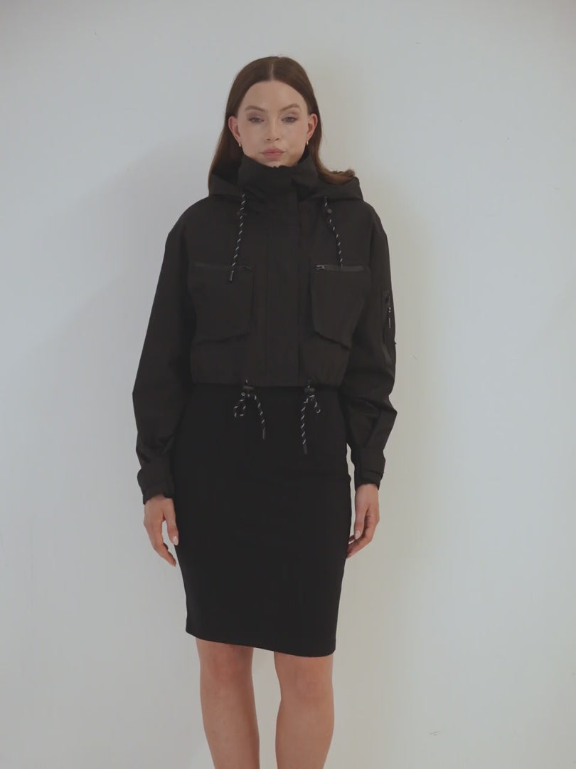 Black Cropped Hooded Jacket with Pencil Skirt for a Streamlined Look Black Cropped Hooded Jacket with Pencil Skirt for a Streamlined Look — Nashville Winter Outfits