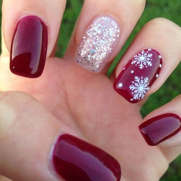 Deep Red Silver Glitter Snowflake Nails Deep Red Silver Glitter Snowflake Nails — Simple Christmas Nails 2026