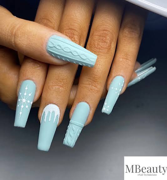 Light Blue With White Accents Visual Idea — Long Winter Coffin Nails