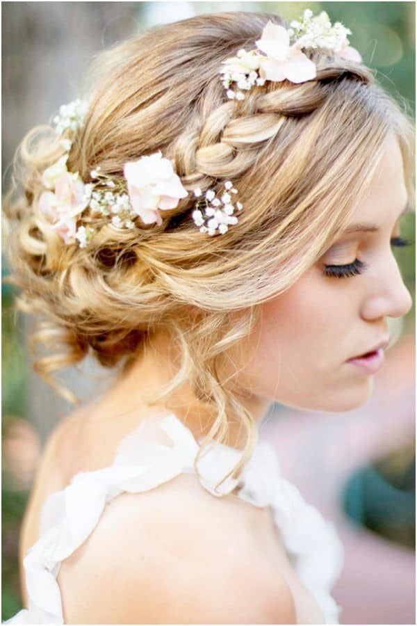 Ash Blonde Braided Updo with Floral Crown — Winter Wedding Hairstyles