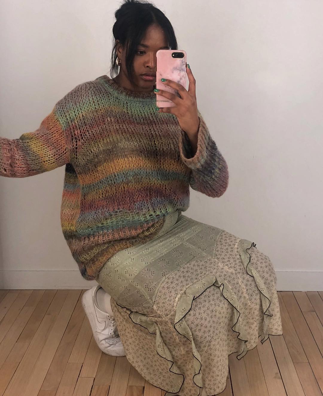 Playful Contrast: Striped Sweater and Floral Skirt Playful Contrast: Striped Sweater and Floral Skirt — Cabin Trip Outfits