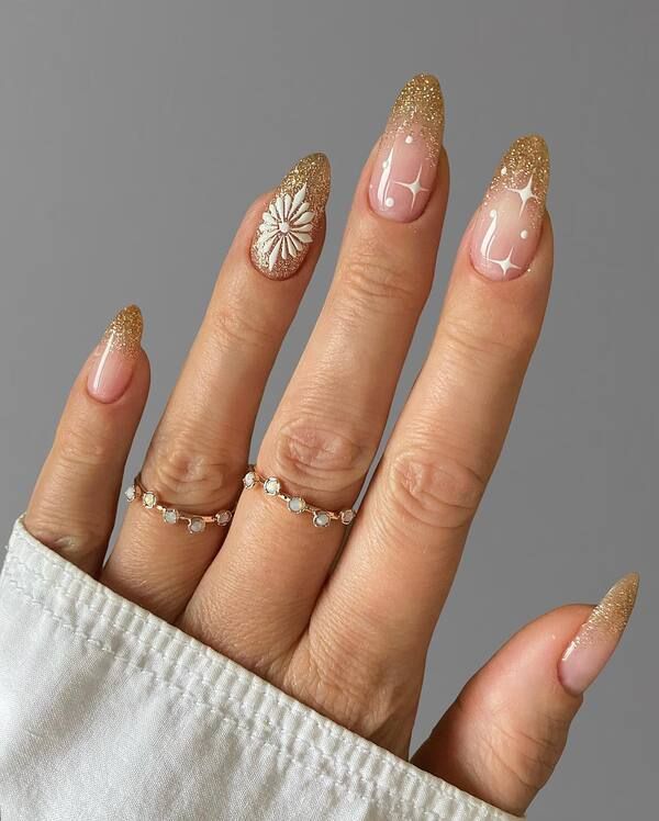 Gold Glitter Gradient Daisy Almond Nails — New Years Almond Nails 2027