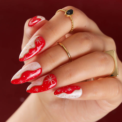 Long Stiletto Red White Wavy Blocks Snowflakes Long Stiletto Red White Wavy Blocks Snowflakes — Subtle Christmas Nails 2026