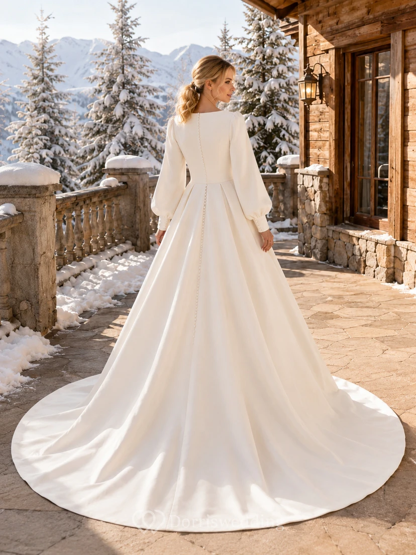 Ivory Satin Wedding Dress with Balloon Sleeves Ivory Satin Wedding Dress with Balloon Sleeves — Modest Winter Outfits