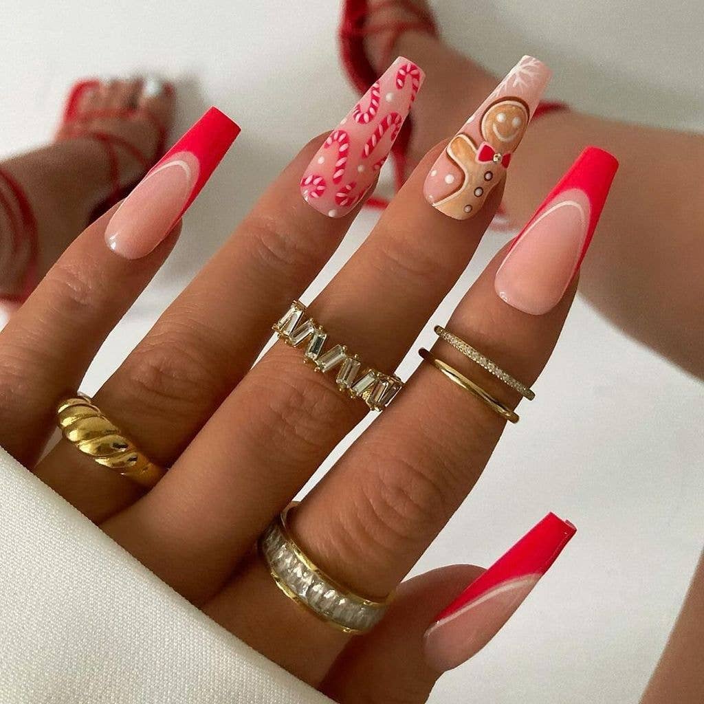 Pink Candy Cane Gingerbread Man Coffin Nails Pink Candy Cane Gingerbread Man Coffin Nails — Christmas Coffin Nails 2026