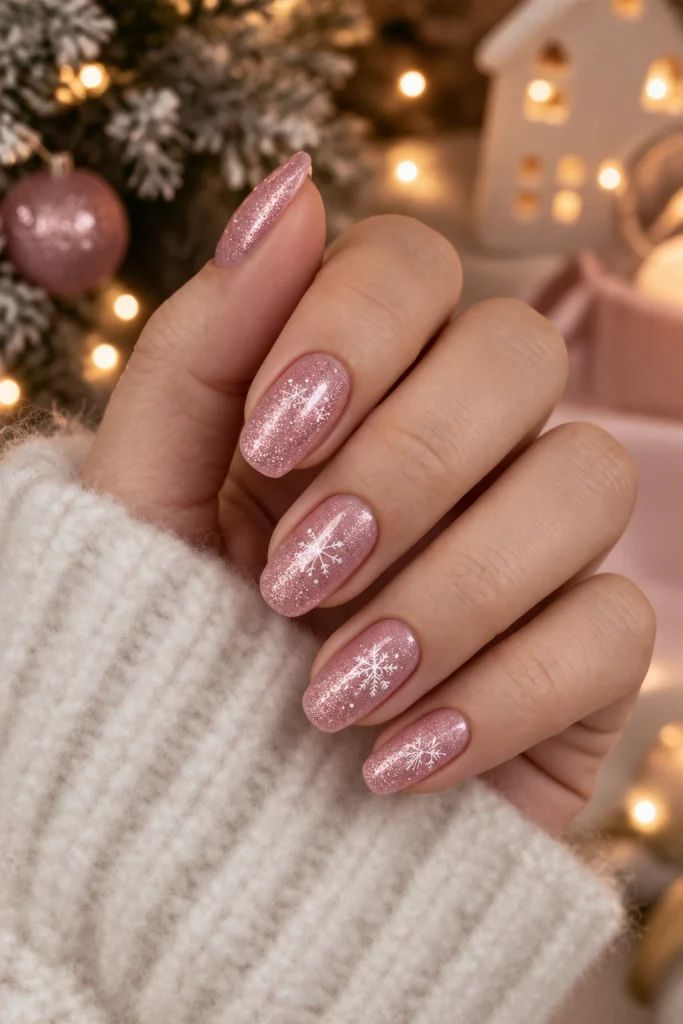 Shimmering Pink with Delicate Snowflakes Shimmering Pink with Delicate Snowflakes — Christmas Nails 2026
