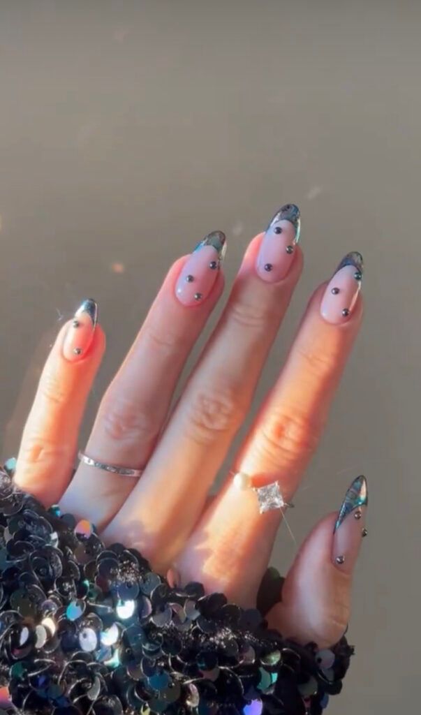 Sheer Pink Metallic French Studded Almond Nails — New Years Acrylic Nails 2027