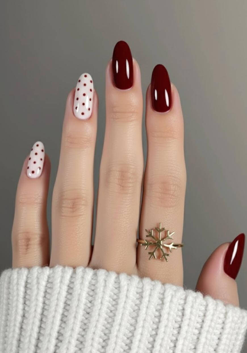 Burgundy Polka Dot Oval Nails Burgundy Polka Dot Oval Nails — Christmas Nails for Teens 2026