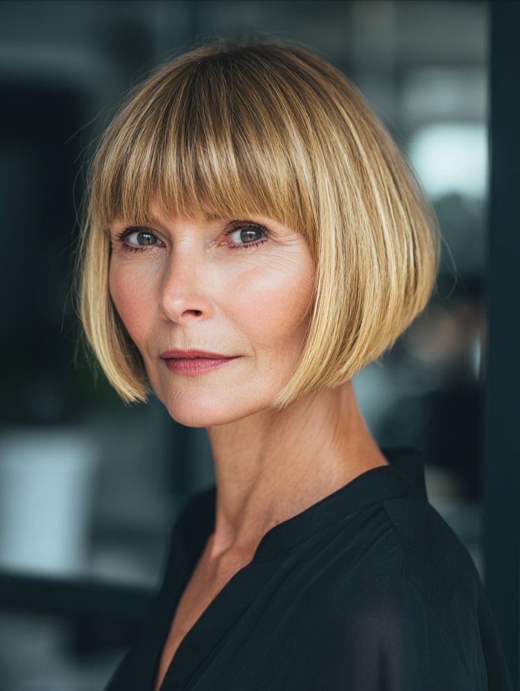 Blonde Bob with Blunt Bangs — Winter Hairstyles for Women Over 50