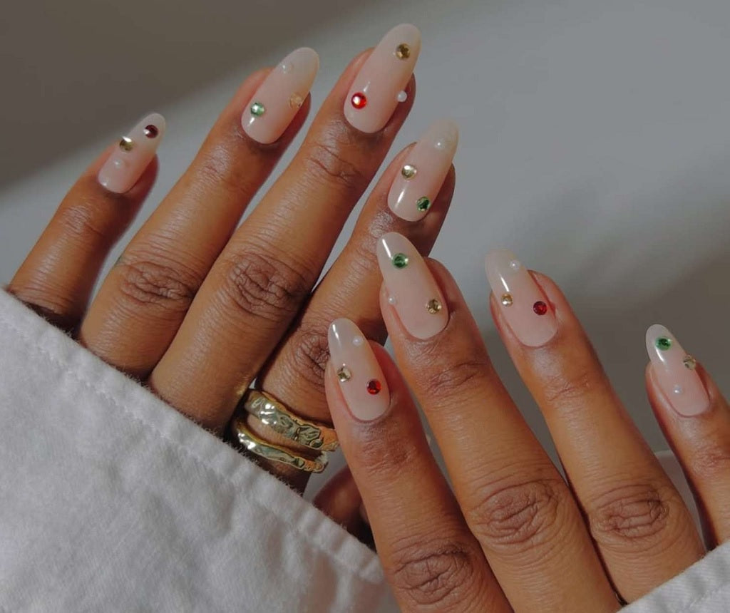 Milky Pink Gem Scattered Nails Milky Pink Gem Scattered Nails — Holiday Nails 2026