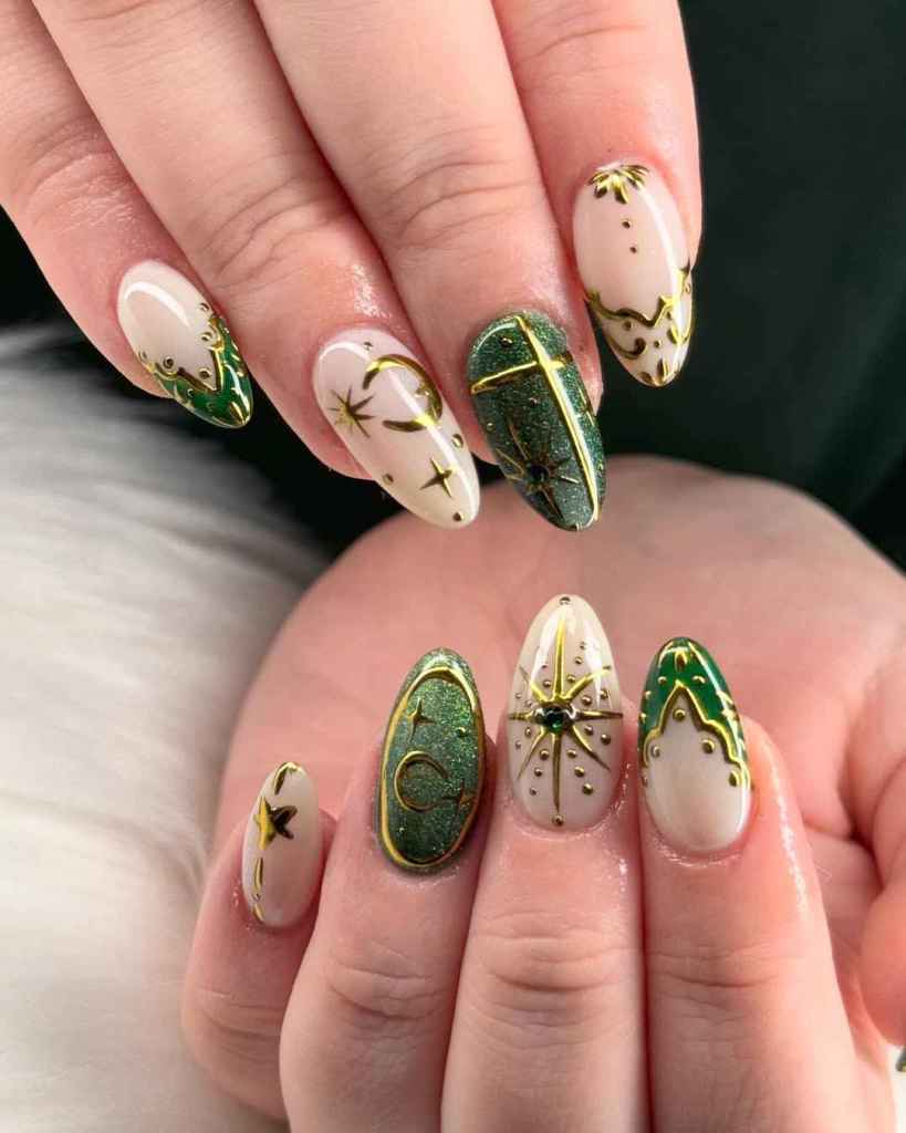 Medium Oval Celestial Gold on Nude and Green Medium Oval Celestial Gold on Nude and Green — Fall to Winter Nails